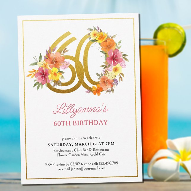 60th Birthday Party Pretty Floral Gold Number 60 Invitation (Creator Uploaded)