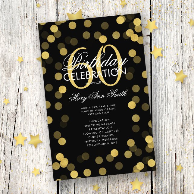 60th Birthday Party Program Gold Confetti w/ Menu (Creator Uploaded)