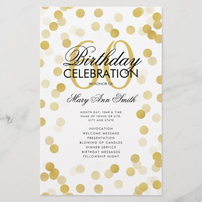 60th Birthday Party Program Gold Confetti w/ Menu (Front)