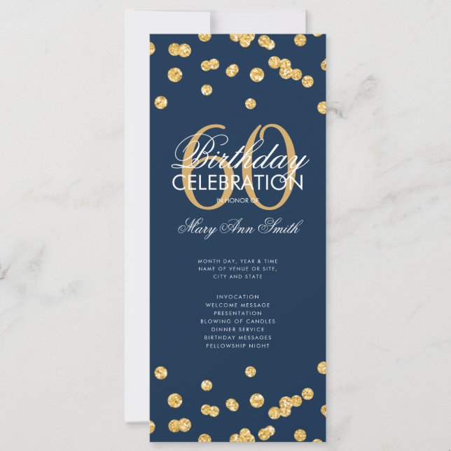 60th Birthday Party Program Gold Glitter Menu Navy Invitation (Front)