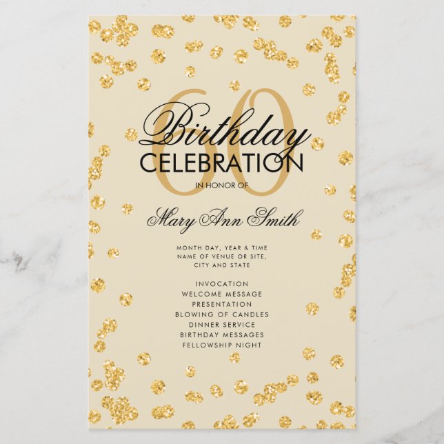 60th Birthday Party Program Gold Glitter w/ Menu (Front)