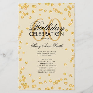 60th Birthday Party Program Gold Glitter w/ Menu
