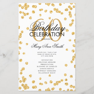 60th Birthday Party Program Gold Glitter w/ Menu