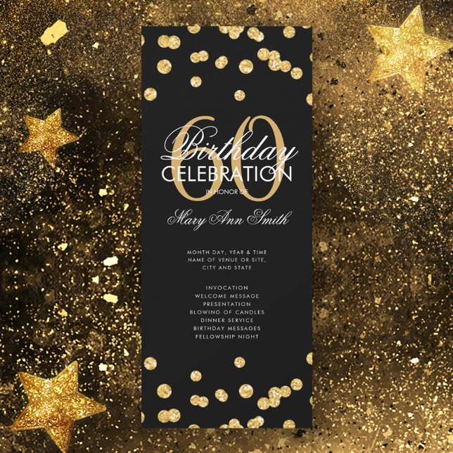 60th Birthday Party Program Gold Glitter w/ Menu Invitation (Creator Uploaded)