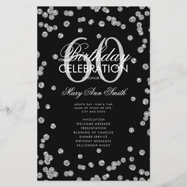 60th Birthday Party Program Silver Glitter w/ Menu (Front)