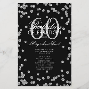 60th Birthday Party Program Silver Glitter w/ Menu