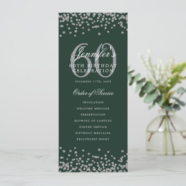 60th Birthday Party Program Silver Menu Green  Invitation (Standing Front)