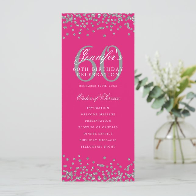 60th Birthday Party Program Silver Menu Hot Pink  Invitation (Standing Front)