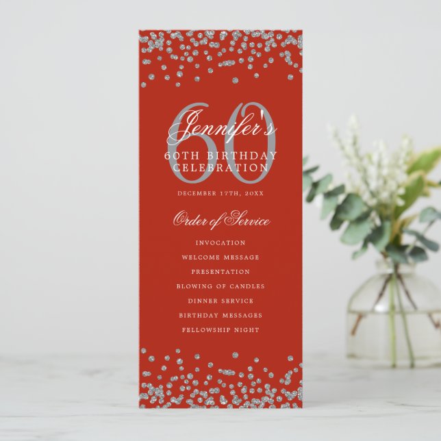 60th Birthday Party Program Silver Menu Red  Invitation (Standing Front)