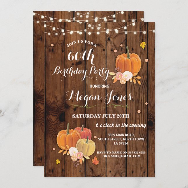 60th Birthday Party Pumpkin Rustic Wood Invite 40 (Front/Back)