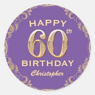60th Birthday Party Purple and Gold Glitter Frame Classic Round Sticker