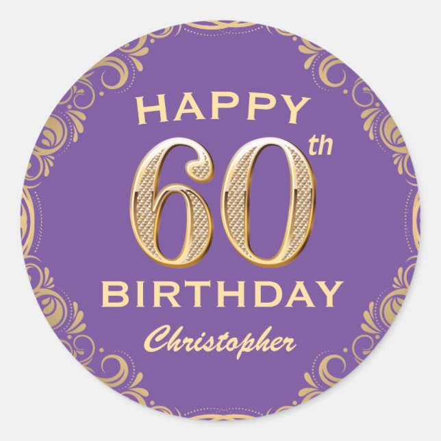 60th Birthday Party Purple and Gold Glitter Frame Classic Round Sticker (Front)
