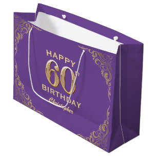 60th Birthday Party Purple and Gold Glitter Frame Large Gift Bag