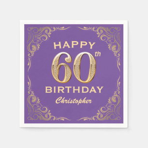 60th Birthday Party Purple and Gold Glitter Frame Napkin