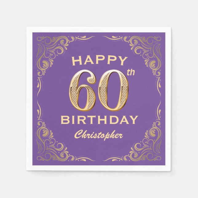 60th Birthday Party Purple and Gold Glitter Frame Napkin (Front)