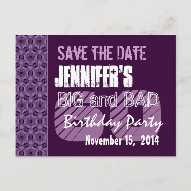 60th Birthday Party Purple Geometric Pattern Announcement Postcard (Front)