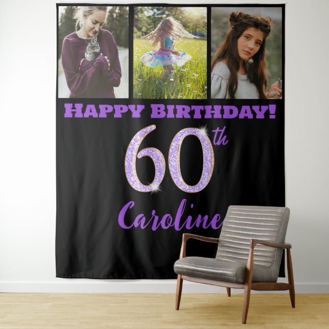 60th Birthday Party, Purple Glitter & 3 photos Tapestry (In Situ)