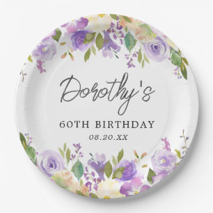 60th Birthday Party Purple Rose Floral Custom Paper Plate