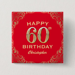 60th Birthday Party Red and Gold Glitter Frame 15 Cm Square Badge