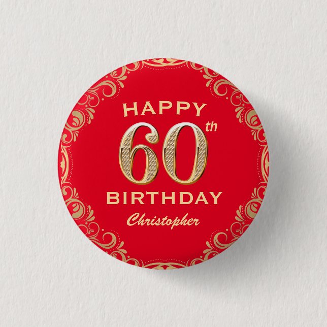 60th Birthday Party Red and Gold Glitter Frame 3 Cm Round Badge (Front)