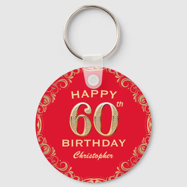 60th Birthday Party Red and Gold Glitter Frame Key Ring (Front)