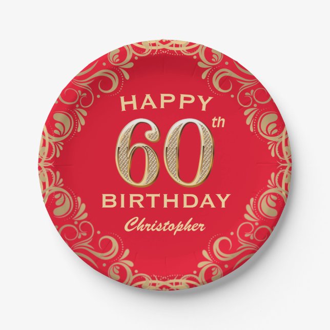 60th Birthday Party Red and Gold Glitter Frame Paper Plate (Front)