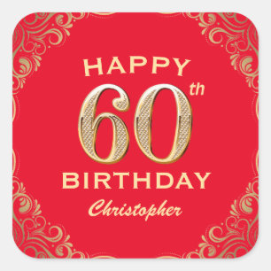 60th Birthday Party Red and Gold Glitter Frame Square Sticker