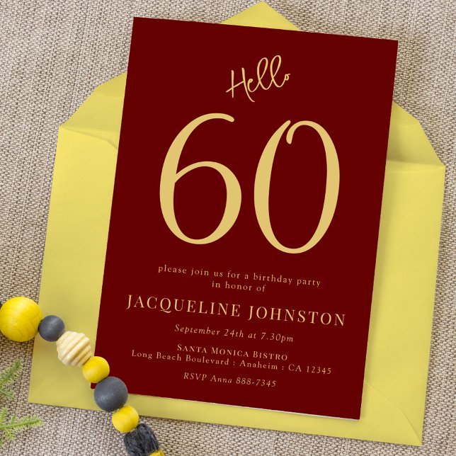 60th Birthday Party Red And Gold Hello 60 Invitation (Creator Uploaded)