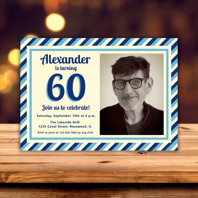 60th Birthday Party Retro Blue Stripes Male Photo Invitation (Creator Uploaded)