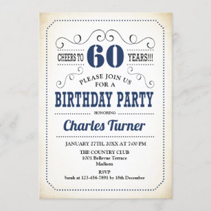60th Birthday Party - Retro Creamy White and Navy Invitation