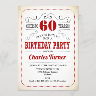 60th Birthday Party - Retro Creamy White and Red Invitation