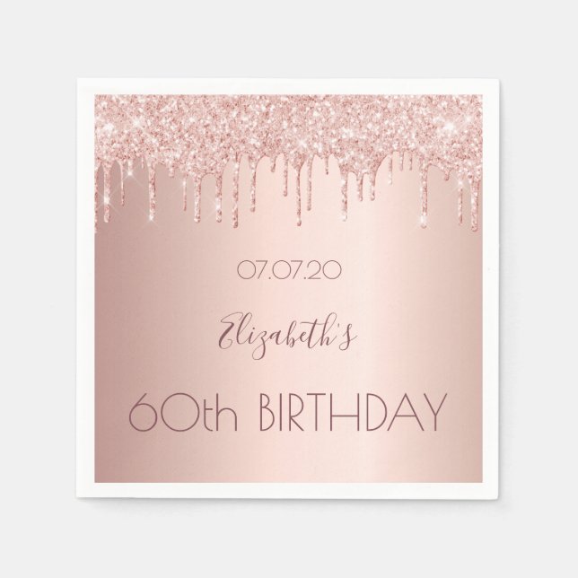 60th birthday party rose gold glitter 60 years napkin (Front)