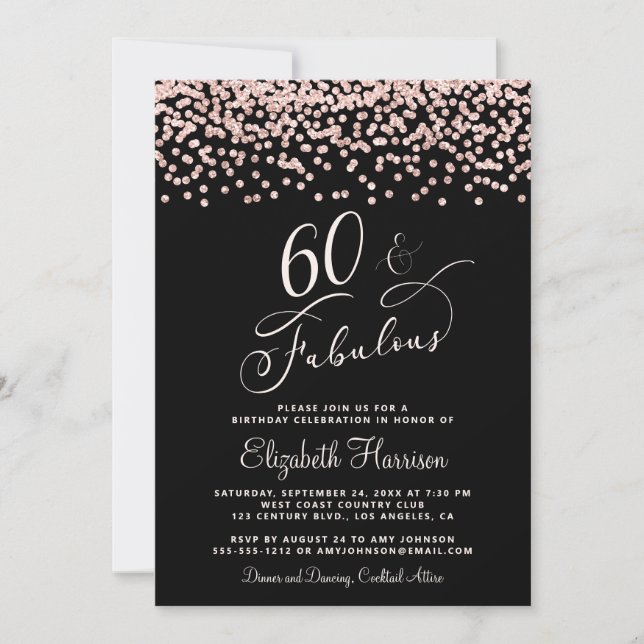 60th Birthday Party Rose Gold Glitter Black Invitation (Front)