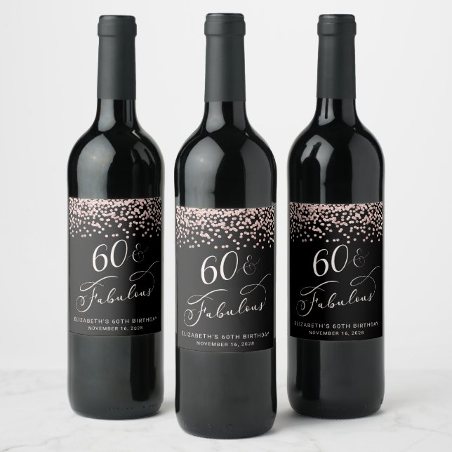 60th Birthday Party Rose Gold Glitter Black Wine Label (Bottles)