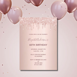 60th birthday party rose gold glitter drip invitation