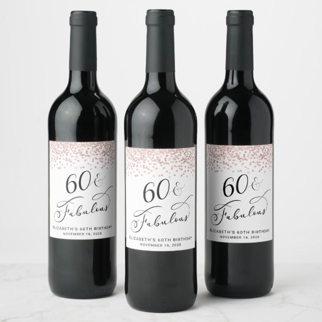 60th Birthday Party Rose Gold Glitter Wine Label (Bottles)