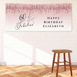 60th Birthday Party Rose Gold Pink Glitter Banner