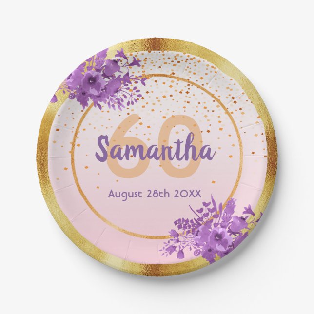 60th birthday party rose gold purple florals name paper plate (Front)