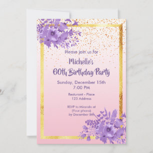60th birthday party rose gold violet garden flower invitation