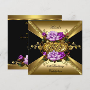60th Birthday Party Roses Purple Gold Black Invitation