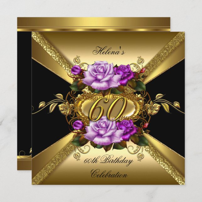 60th Birthday Party Roses Purple Gold Black Invitation (Front/Back)