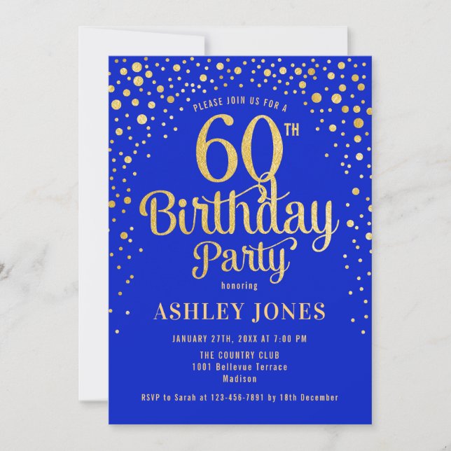 60th Birthday Party - Royal Blue & Gold Invitation (Front)