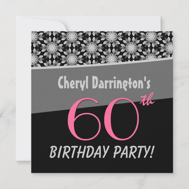 60th Birthday Party Silver and Black Floral B531 Invitation (Front)