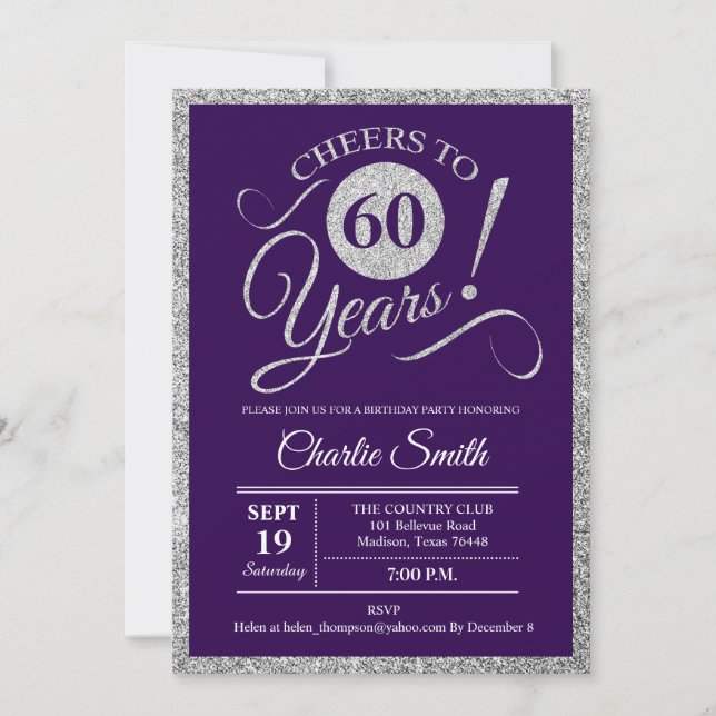 60th Birthday Party - Silver Purple ANY YEAR Invitation (Front)