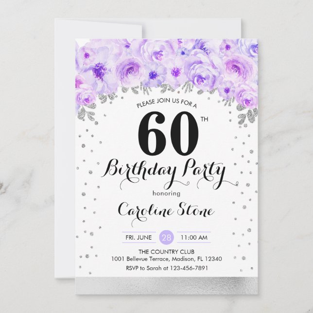 60th Birthday Party - Silver Purple Flowers Invitation (Front)