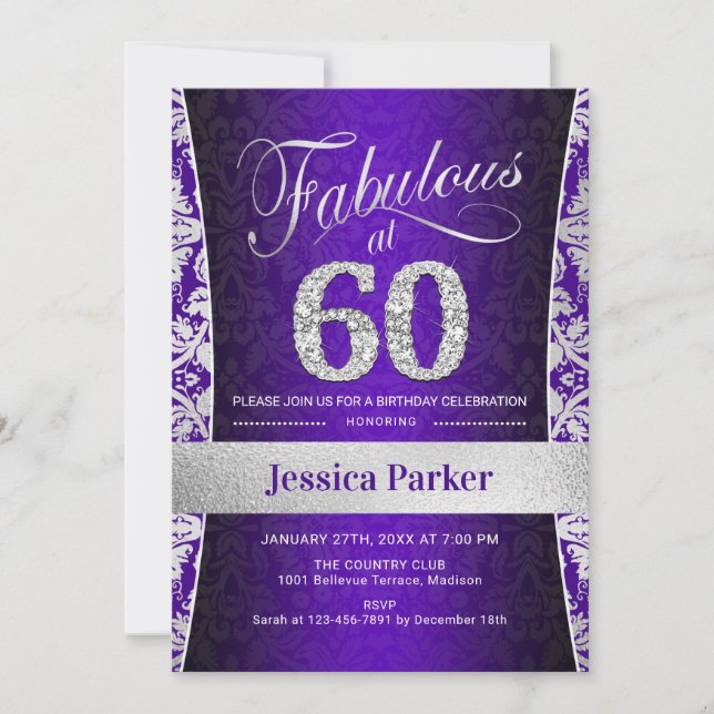 60th Birthday Party - Silver Purple Invitation (Front)