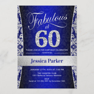 60th Birthday Party - Silver Royal Blue Invitation