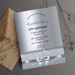 60th birthday party silver sparkle invitation postcard<br><div class="desc">A modern, stylish and glamorous invitation for a woman's 60th birthday party. A faux silver metallic looking background with an elegant faux silver bow, ribbon and sparkle. The name is written with a modern black hand lettered style script. Templates for your party details. Tip: If you don't want it to...</div>