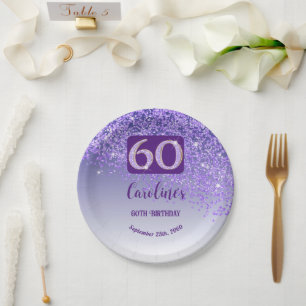 60th Birthday Party Sparkle Purple Glitter Paper Plate