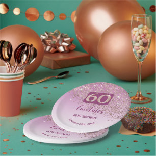 60th Birthday Party Sparkle Rose Gold Glitter Paper Plate